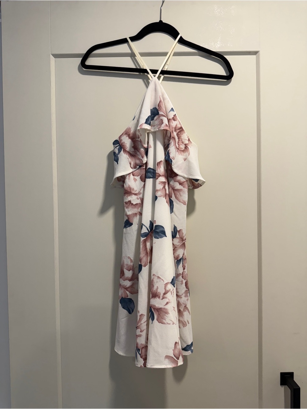 miami White Floral Halter Mini Dress with Blush & Blue Leaves